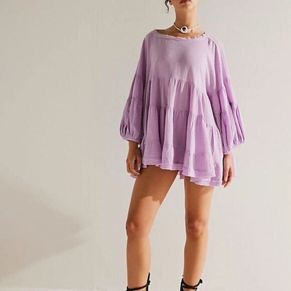Free People Tops - Free People The Briana Top M Boho Flowing Ruffle Oversize Tunic Mauve Sold Out